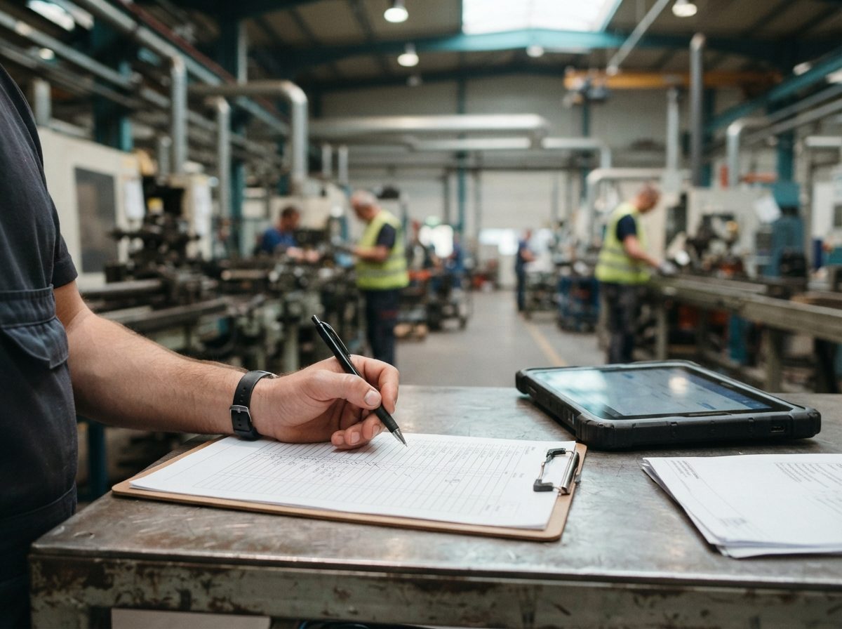 Hand mit Stift über einer Prüfliste auf einem Klemmbrett, daneben eine Anlage (KI-generiert)