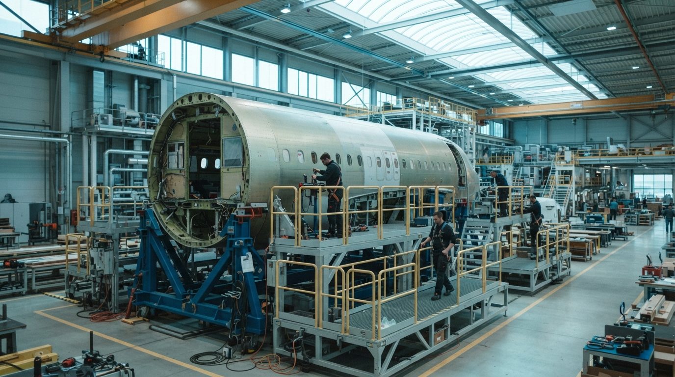 Montagehalle für Flugzeugstrukturbauteile, ein Rumpfsegment auf einer Vorrichtung (KI-generiert)