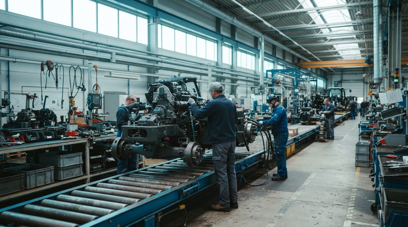 Montagelinie für Landmaschinen, Traktorrahmen auf Fördertechnik (KI-generiert)