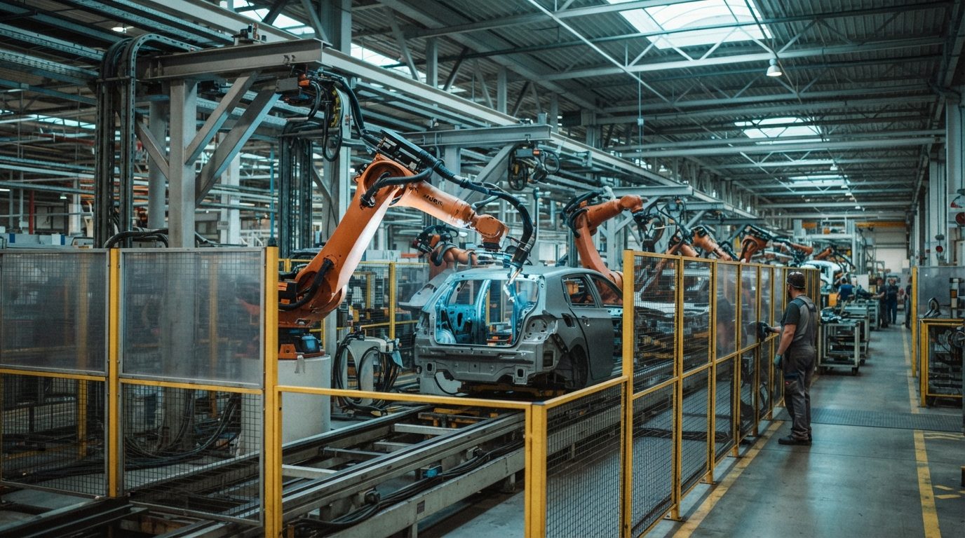 Karosseriebau mit mehreren Industrierobotern an einer verketteten Linie (KI-generiert)