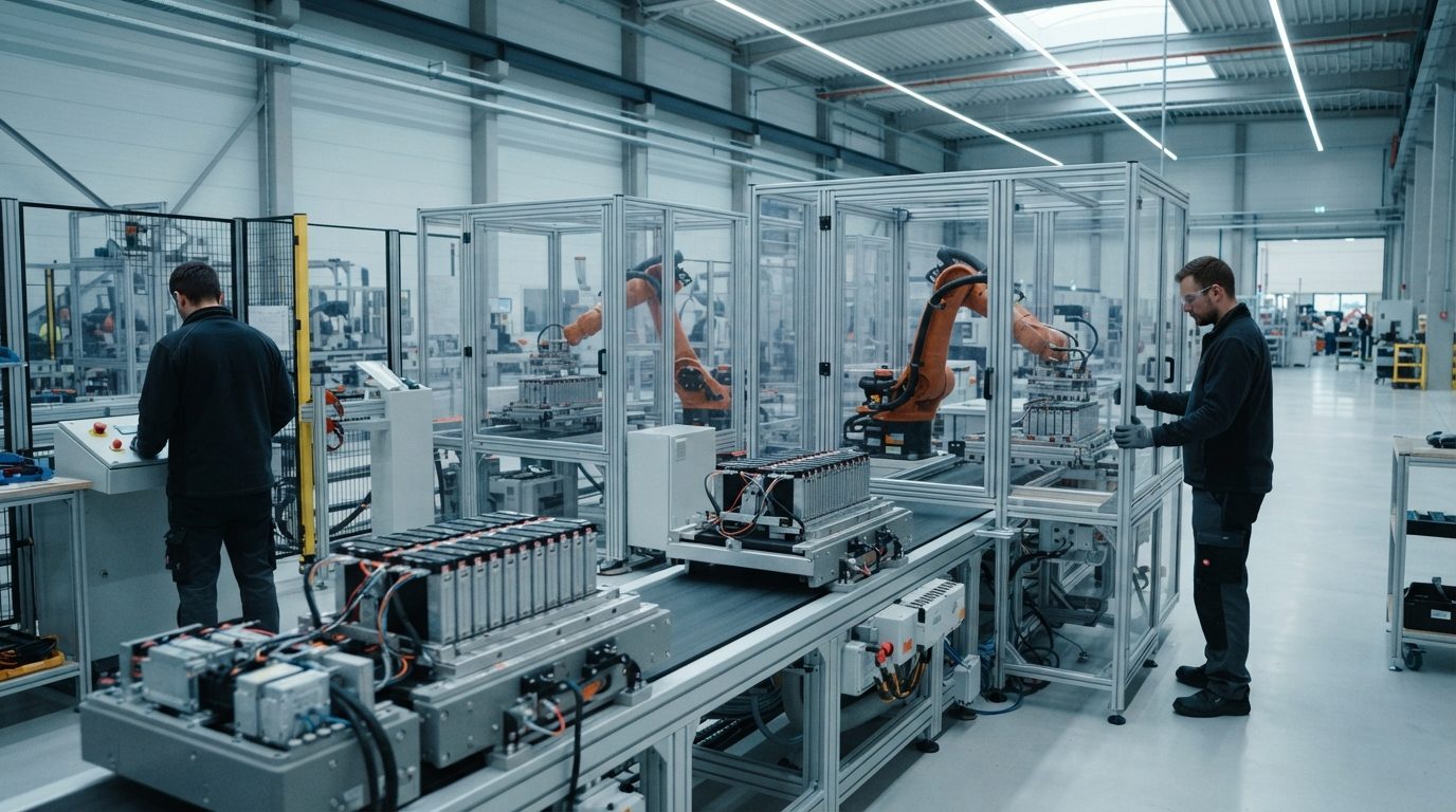 Fertigungslinie für Batteriemodule, Zellstapel auf Werkstückträgern, Roboterzellen mit Schutzumhausung (KI-generiert)