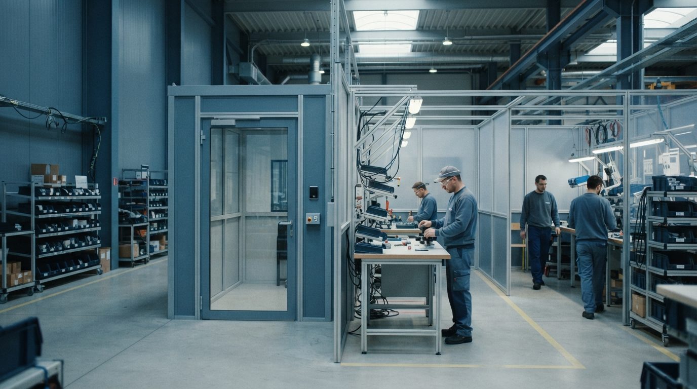 Streng aufgeräumte Fertigungshalle mit abgetrennten Arbeitsbereichen (KI-generiert)