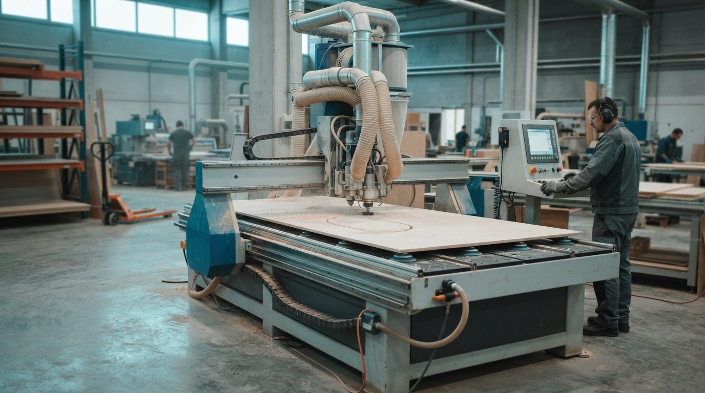 CNC-Bearbeitungszentrum für Holzplatten mit Vakuumsaugern auf dem Tisch (KI-generiert)