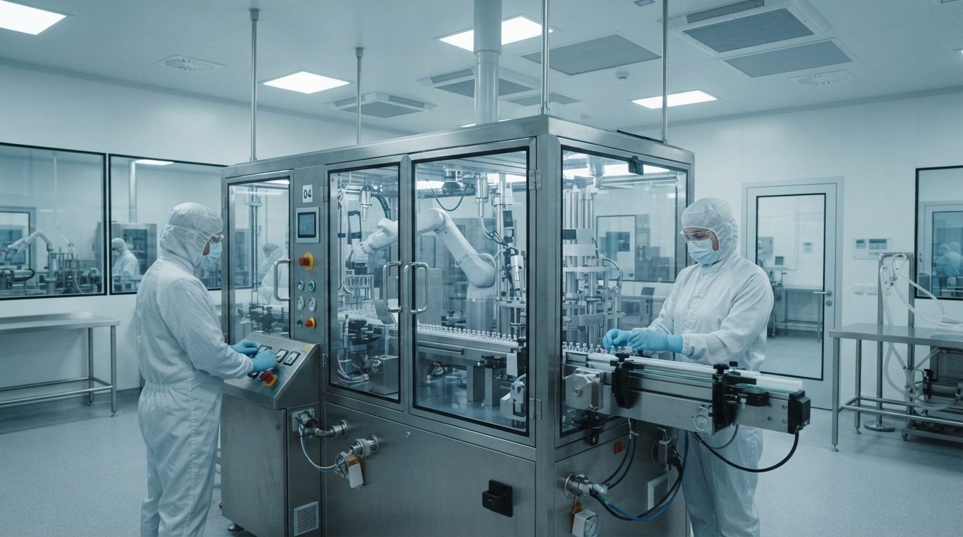 Reinraum einer pharmazeutischen Abfüllung, Isolator hinter Glas (KI-generiert)