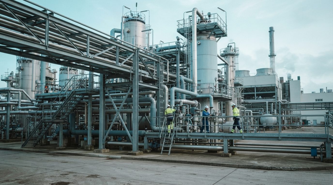 Verfahrenstechnische Anlage mit Rohrbrücken, Behältern und Bühnen (KI-generiert)