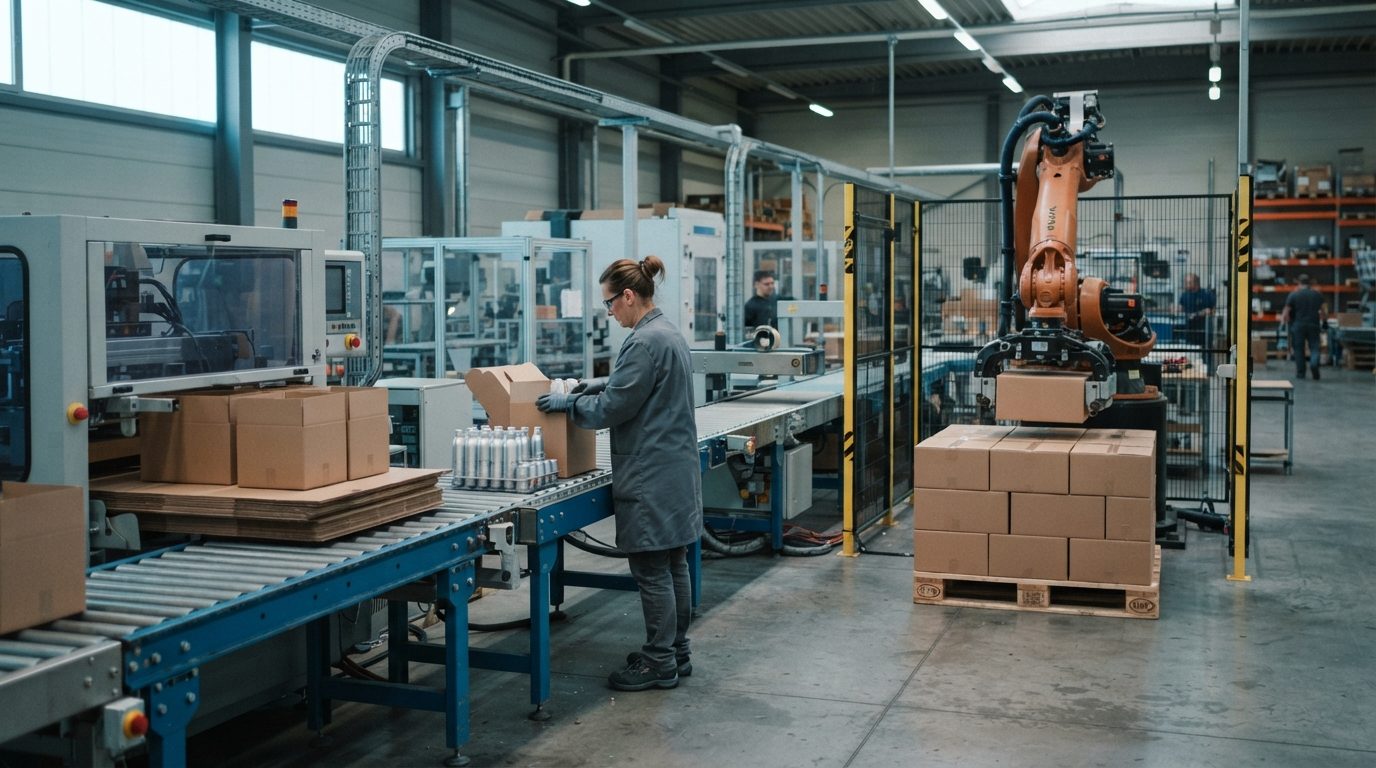 Verpackungslinie mit Kartonaufrichter, Einlegestation und Palettierroboter (KI-generiert)