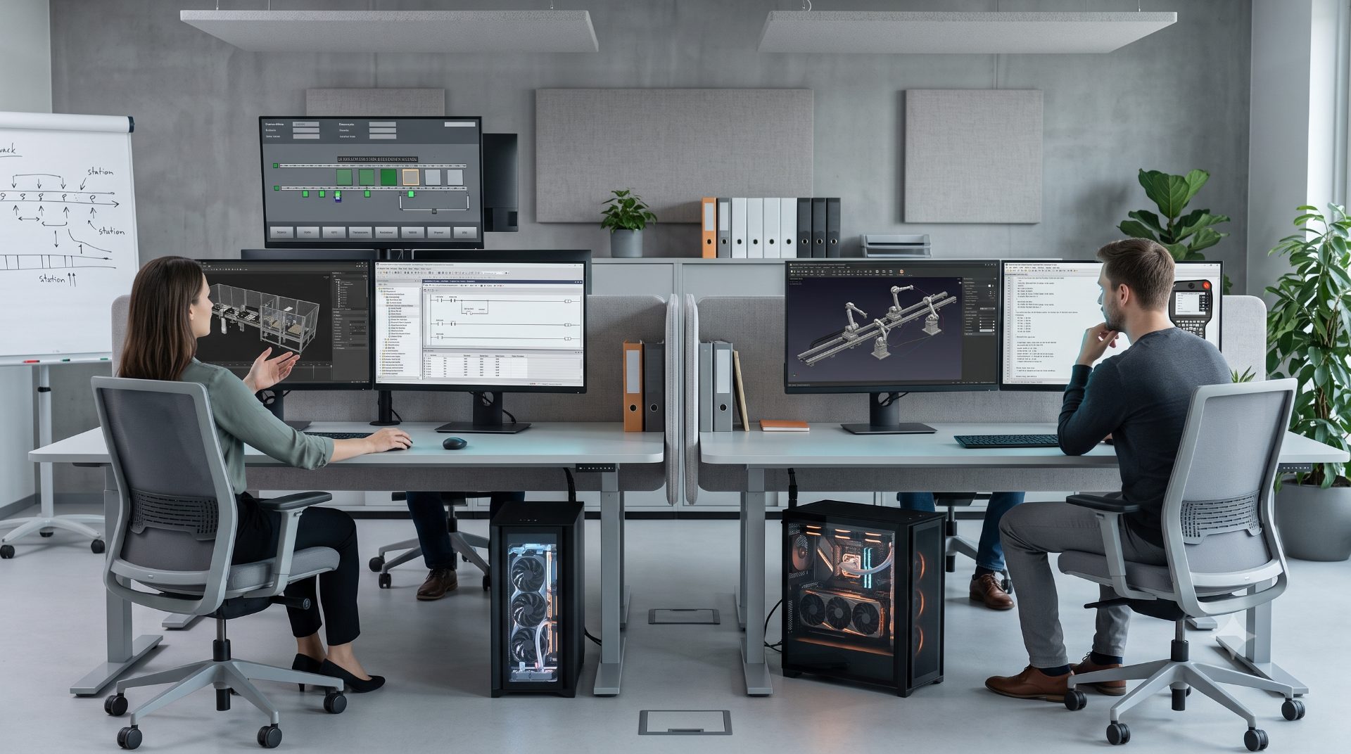 Engineering-Arbeitsplätze mit dem Anlagenmodell auf mehreren Bildschirmen (KI-generiert)
