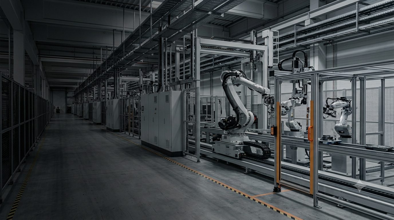 Reale Fertigungslinie mit Roboterzellen in einer Werkshalle (KI-generiert)