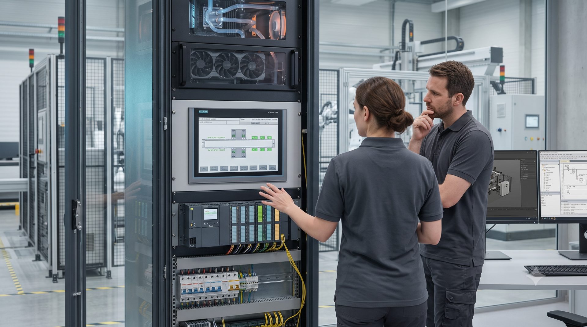 Offener Schaltschrank mit HMI, SPS-Rack und Verdrahtung, zwei Techniker davor (KI-generiert)