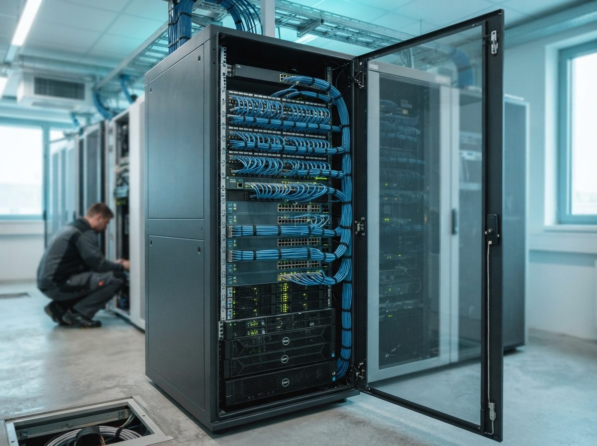 Offener Serverschrank in einem Technikraum, Patchfeld mit geordneter Netzwerkverkabelung, dahinter weitere Racks (KI-generiert)