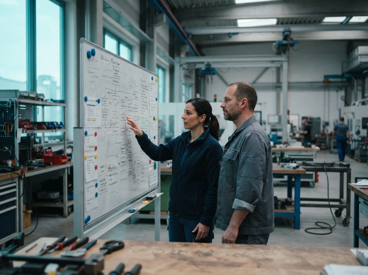 Projektbesprechung an einer Wandtafel mit Ablaufplan, zwei Personen im Gespräch (KI-generiert)