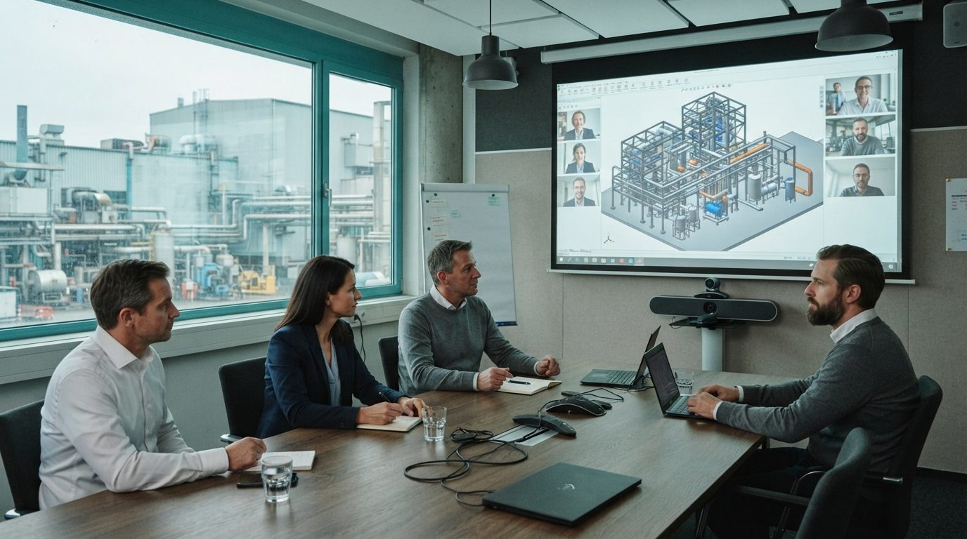 Besprechungsraum mit zugeschalteter Videokonferenz, auf der Leinwand das Anlagenmodell (KI-generiert)