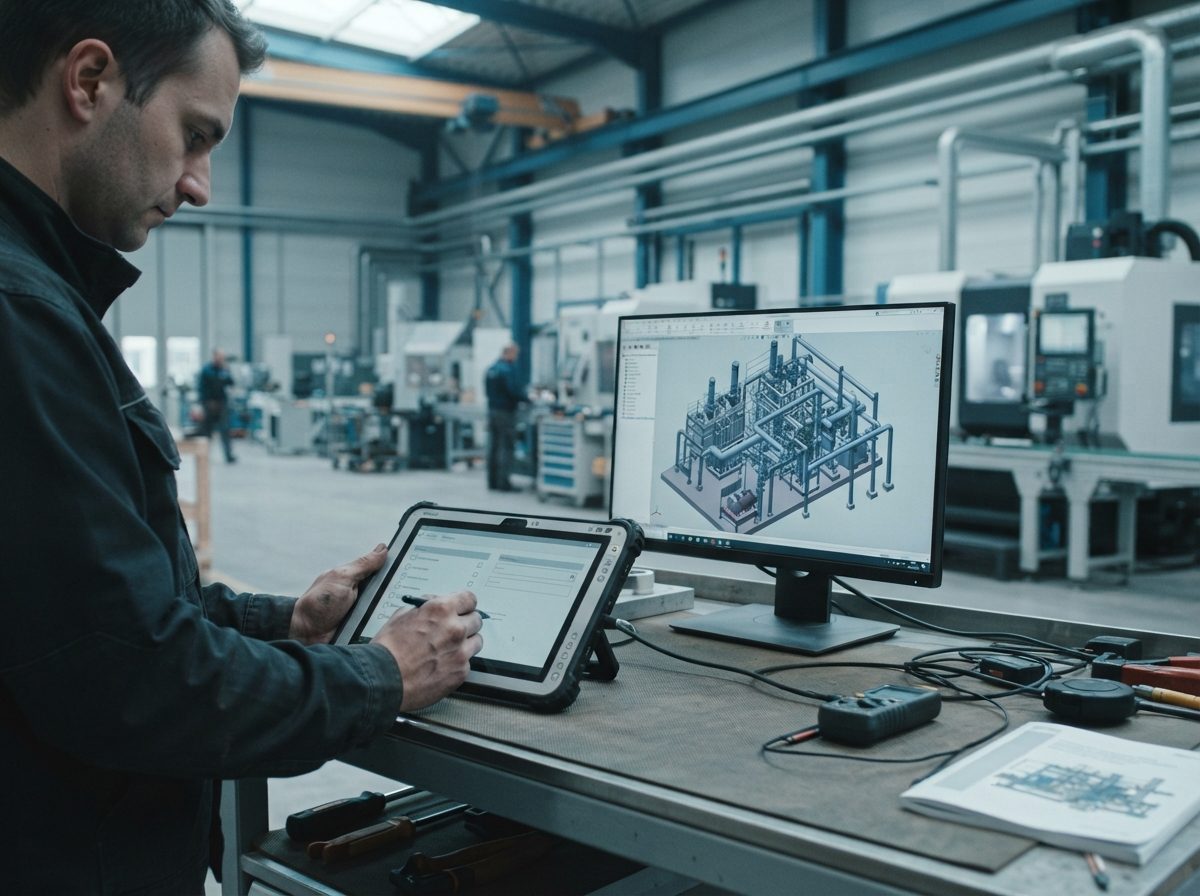 Prüfprotokoll auf einem Tablet neben einem Monitor mit dem Anlagenmodell, Hand beim Abhaken (KI-generiert)