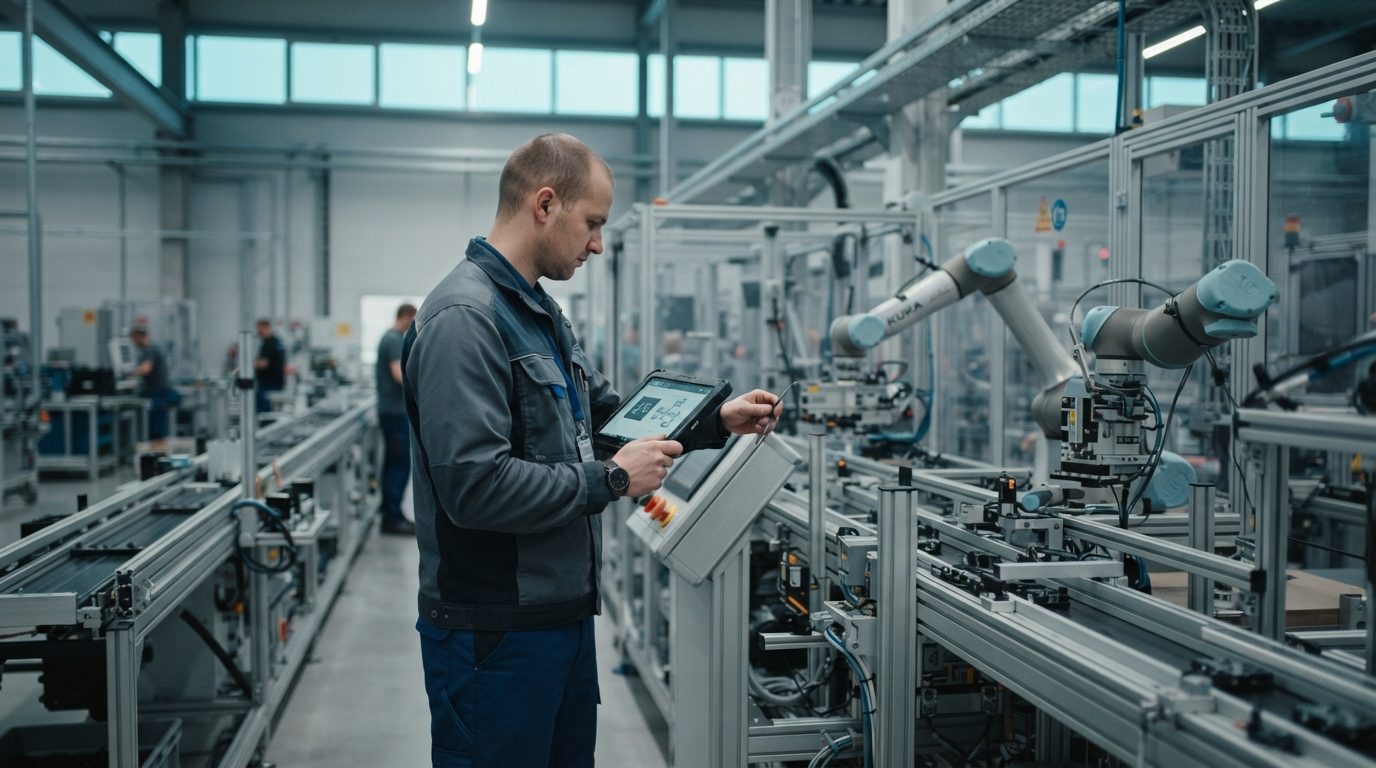 Servicetechniker mit Tablet an einer laufenden Fertigungslinie (KI-generiert)