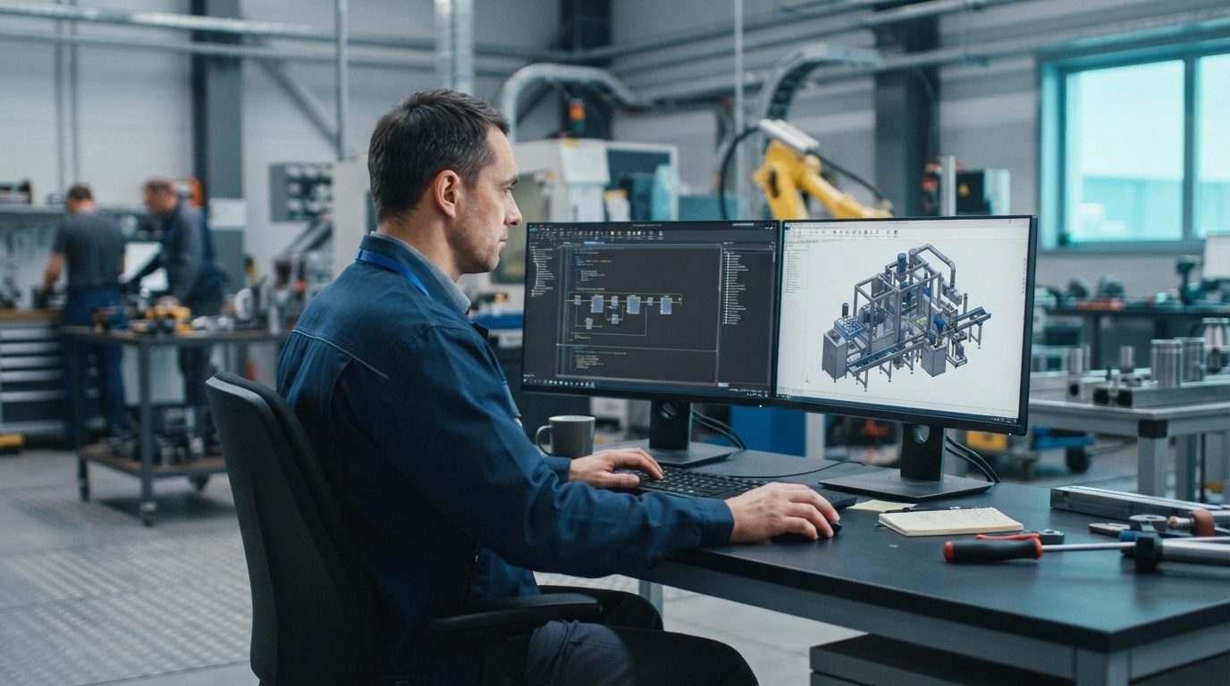 Steuerungstechniker am Doppelmonitor, links die Codestruktur, rechts das Anlagenmodell (KI-generiert)