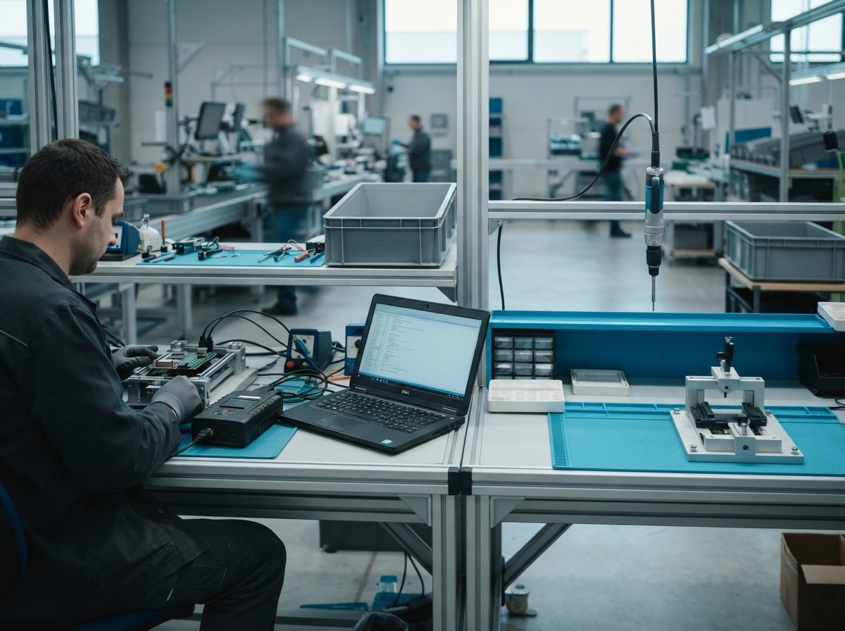 Programmierarbeitsplatz mit der Codestruktur auf dem linken und dem Anlagenmodell auf dem rechten Bildschirm (KI-generiert)