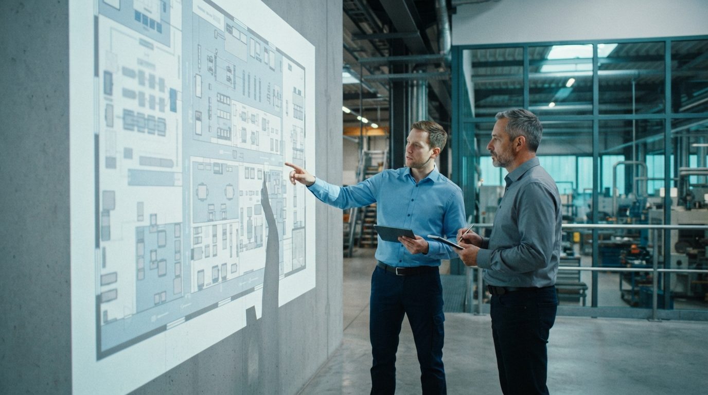 Zwei Ingenieure vor einer Wandprojektion mit dem Anlagenlayout in der Draufsicht (KI-generiert)