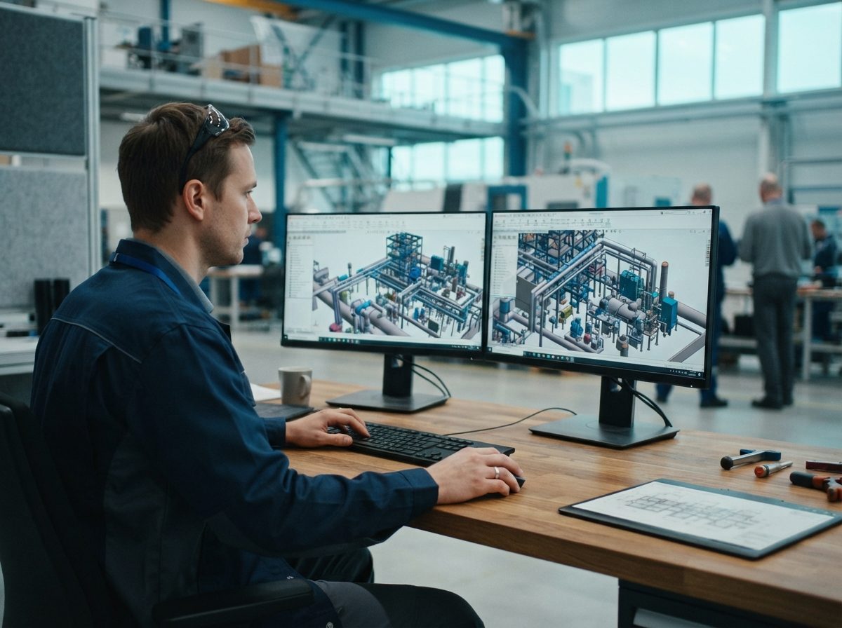 Arbeitsplatz mit Doppelmonitor, darauf ein dreidimensionales Anlagenmodell in der Bearbeitung (KI-generiert)