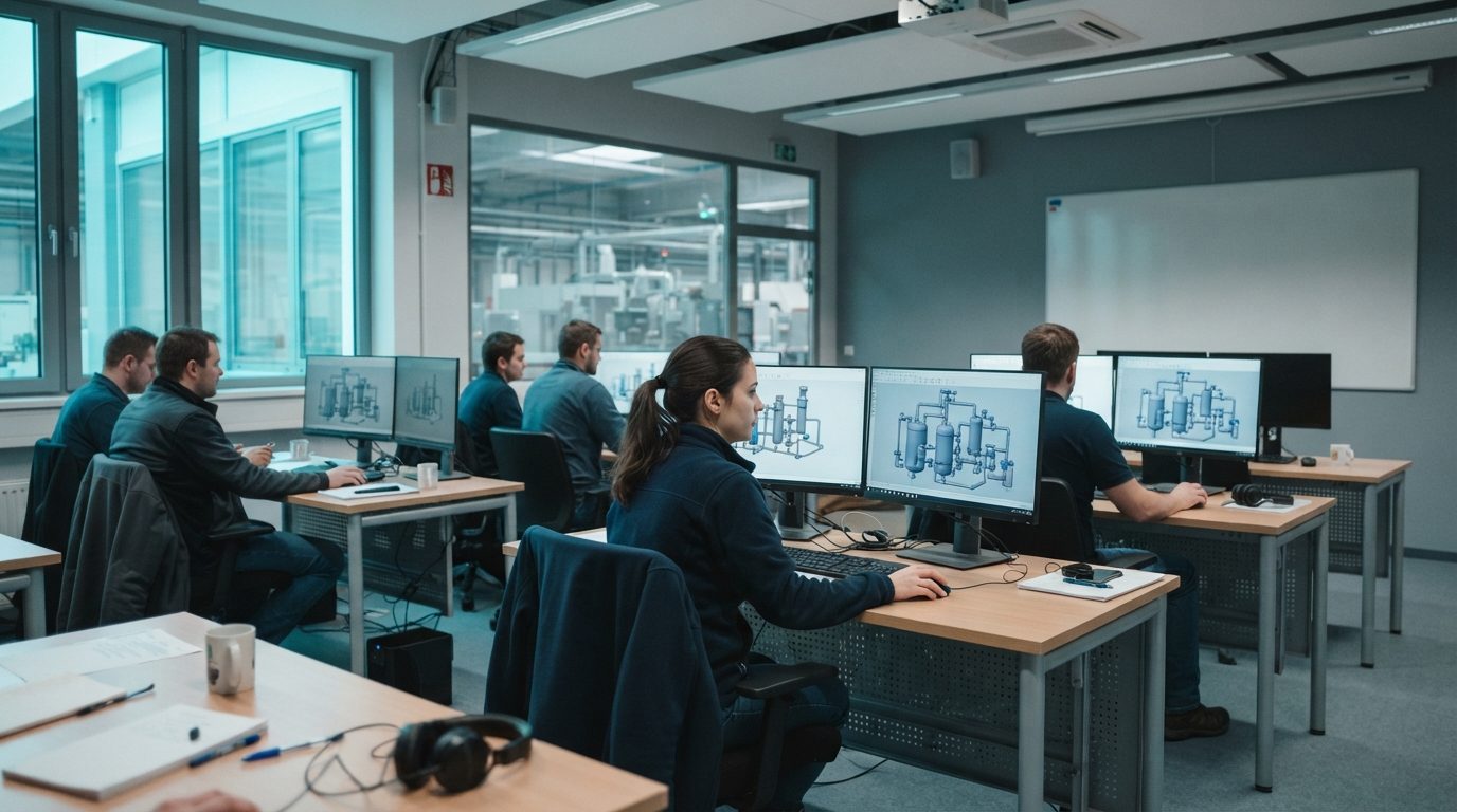 Schulungsraum mit mehreren Arbeitsplätzen, an jedem das Anlagenmodell auf dem Bildschirm (KI-generiert)