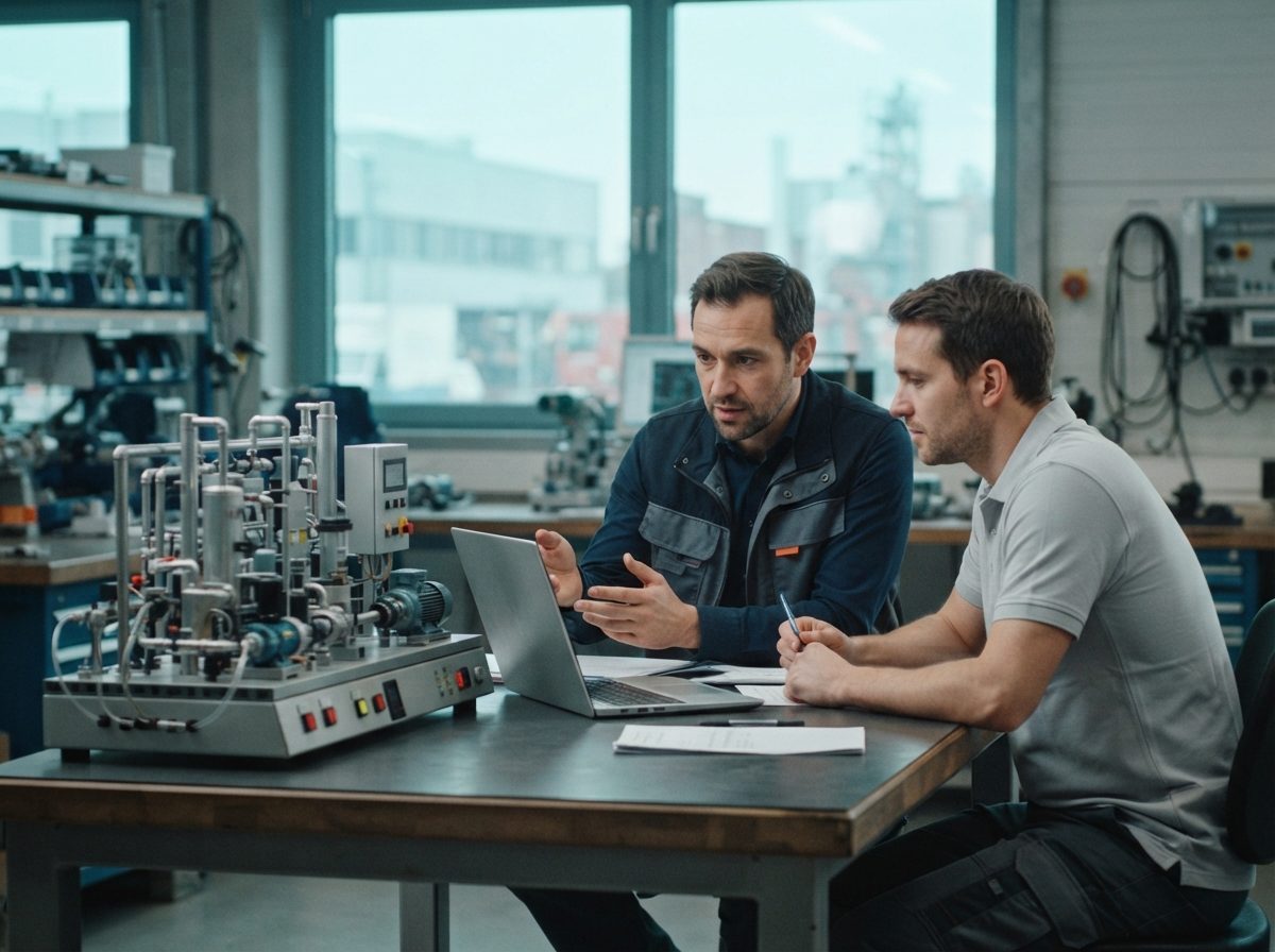 Notebook auf einem Besprechungstisch mit einem laufenden Anlagenmodell, zwei Personen im Gespräch daneben (KI-generiert)