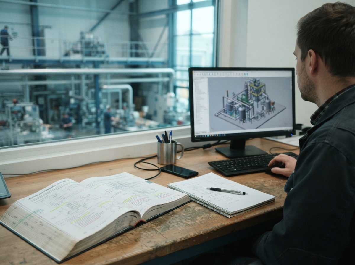 Aufgeschlagenes technisches Nachschlagewerk und Notizen auf einem Schreibtisch, daneben ein Monitor mit dem Anlagenmodell (KI-generiert)