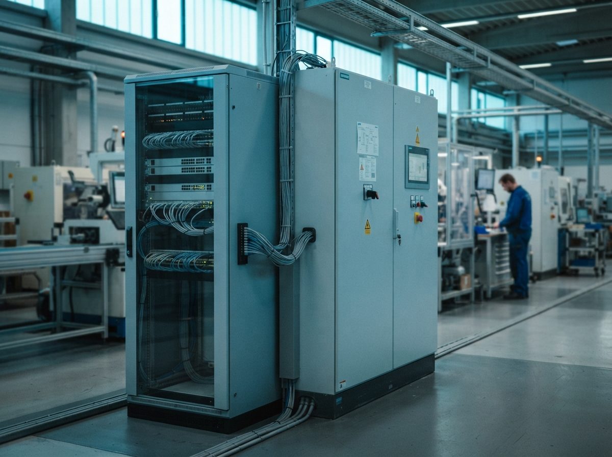 Netzwerkschrank neben einem Schaltschrank in der Fertigung, die Datenleitung zwischen beiden erkennbar (KI-generiert)