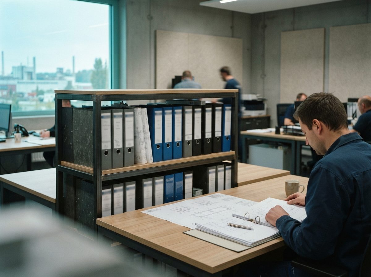 Ordner mit technischen Regelwerken im Regal, daneben aufgeschlagene Unterlagen auf einem Tisch (KI-generiert)